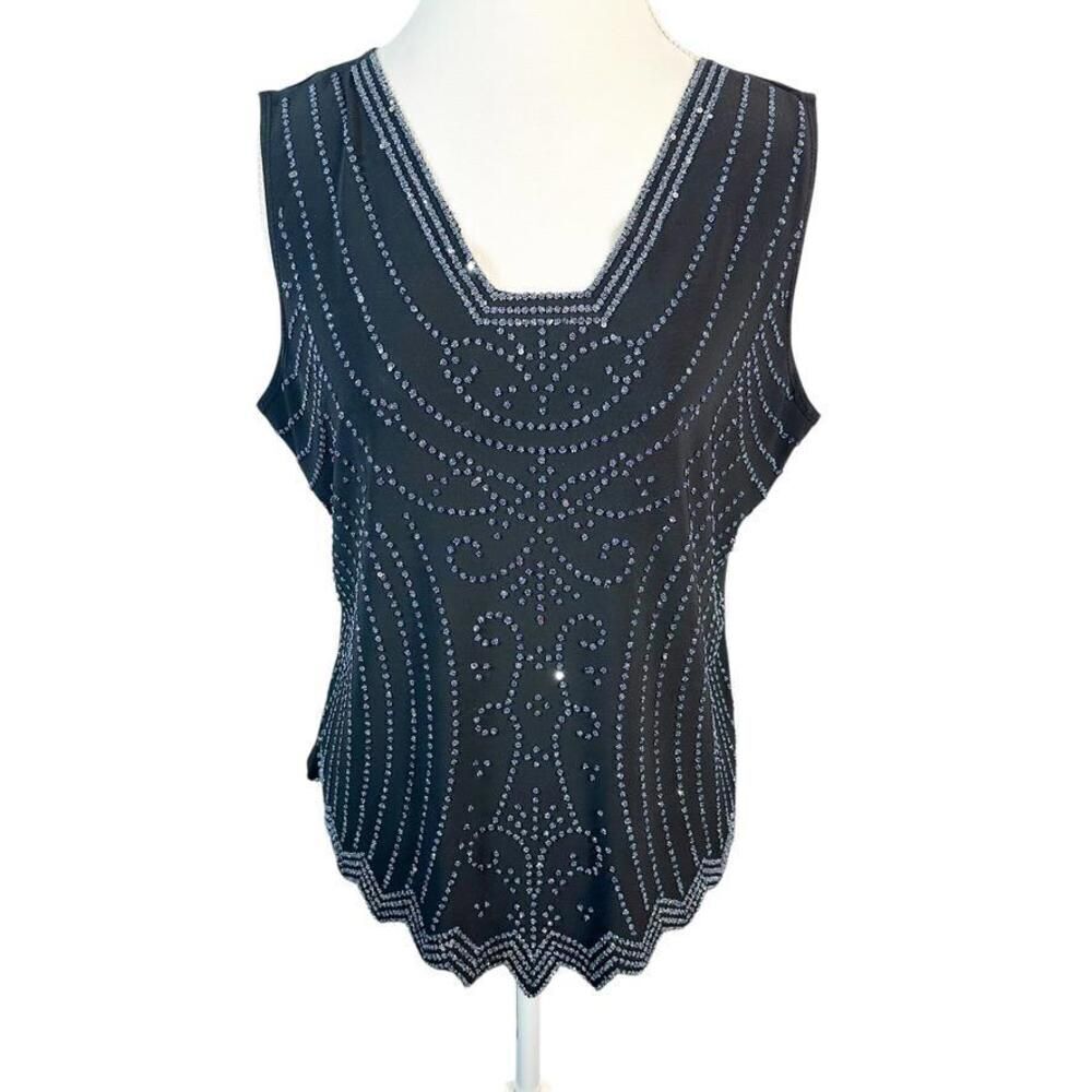 S. Levine Formal Beaded Front Tank Top Shell Black Stretch Knit Elegant Size XXL - Picture 2 of 11